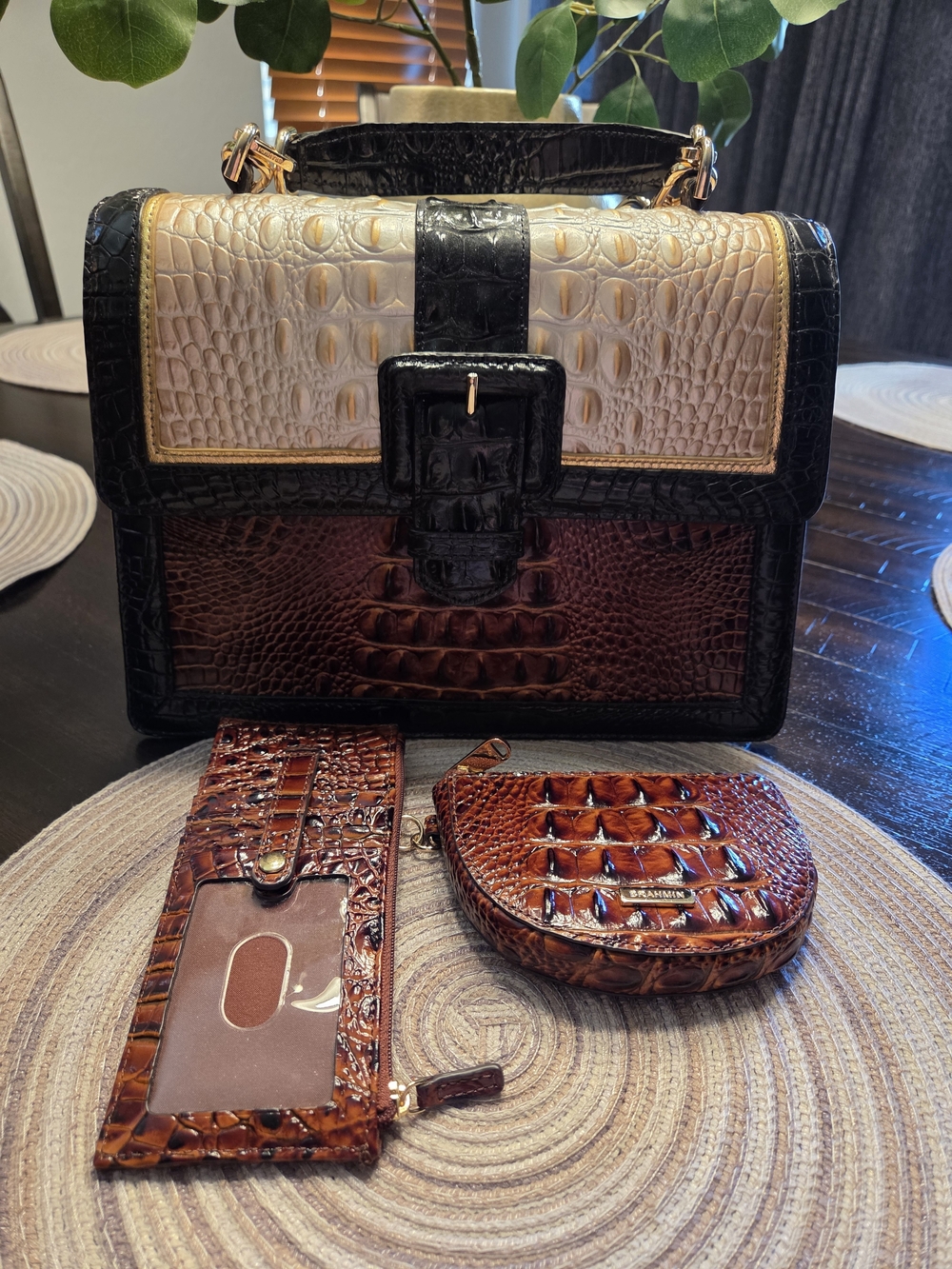 Brahmin Tri-Color Croc-Embossed Structured Satchel in Black/Cream/Brown SET.